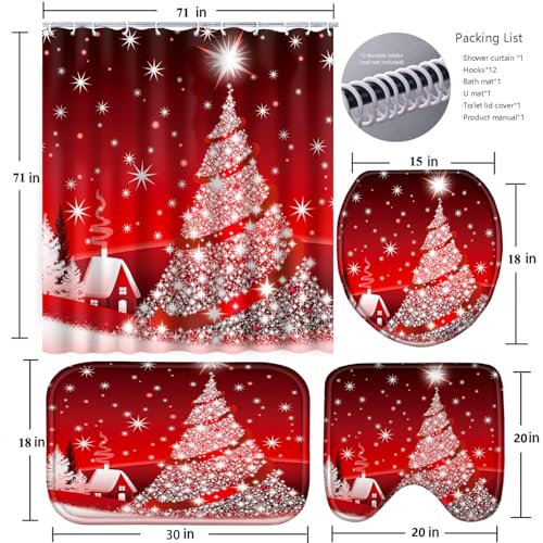 Christmas Bathroom Set with Shower Curtain, Rugs, and Hooks A88035
