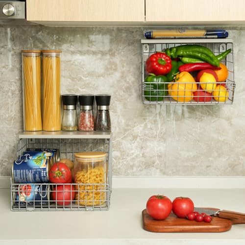 Stackable Wall Mounted Fruit Basket with Wood Lid, 2-Tier Vegetable Organizer Y4454