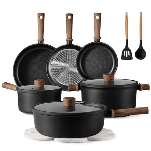 CAROTE 16pcs Pots and Pans Set Non Stick, Nonstick Kitchen Cookware Sets, Induction Cookware Sets with Stay-Cool Handle, Black
