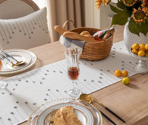 Christmas Table Runner 13 x 90 Inch Natural Cotton Woven with Tassels, Red and Beige U800