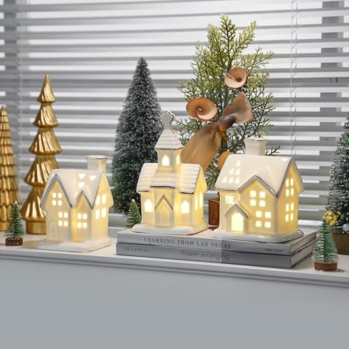 Ceramic Christmas Village Houses with LED Lights, 3 Pieces with Trees Y512