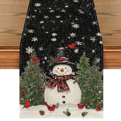 Snowman Christmas Birds Trees Table Runner, Winter Holiday Kitchen Dining Table Decoration, 13 x 72 Inch Z2031