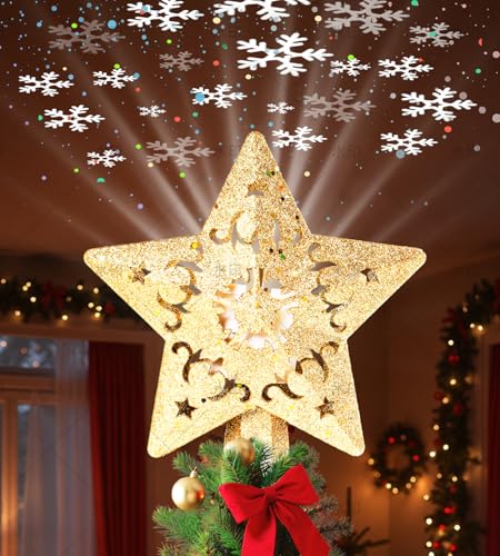 Christmas Tree Star Topper with LED Snowflake Projector, Plug In K91908