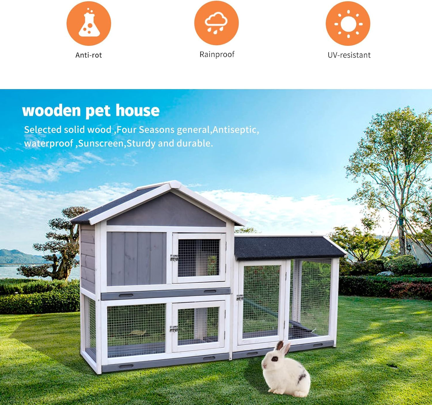 Rabbit Hutch with Run, No Leak Tray, UV Panel K6271