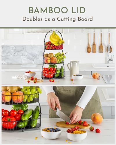 Fruit Basket for Kitchen Counter 3 Tier with Banana Hook and Bamboo Lid T780