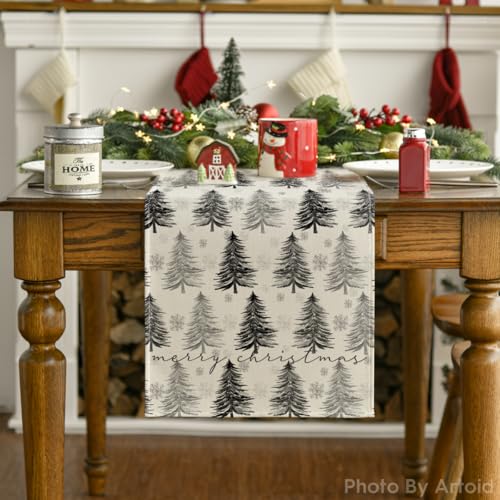 Snowflake Christmas Table Runner, Winter Green Kitchen Dining Decoration 13x72 Inch G642