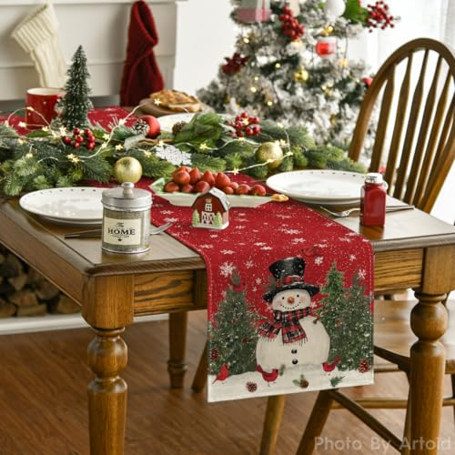 Snowman Christmas Birds Trees Table Runner, Winter Holiday Kitchen Dining Table Decoration, 13 x 72 Inch Z2031