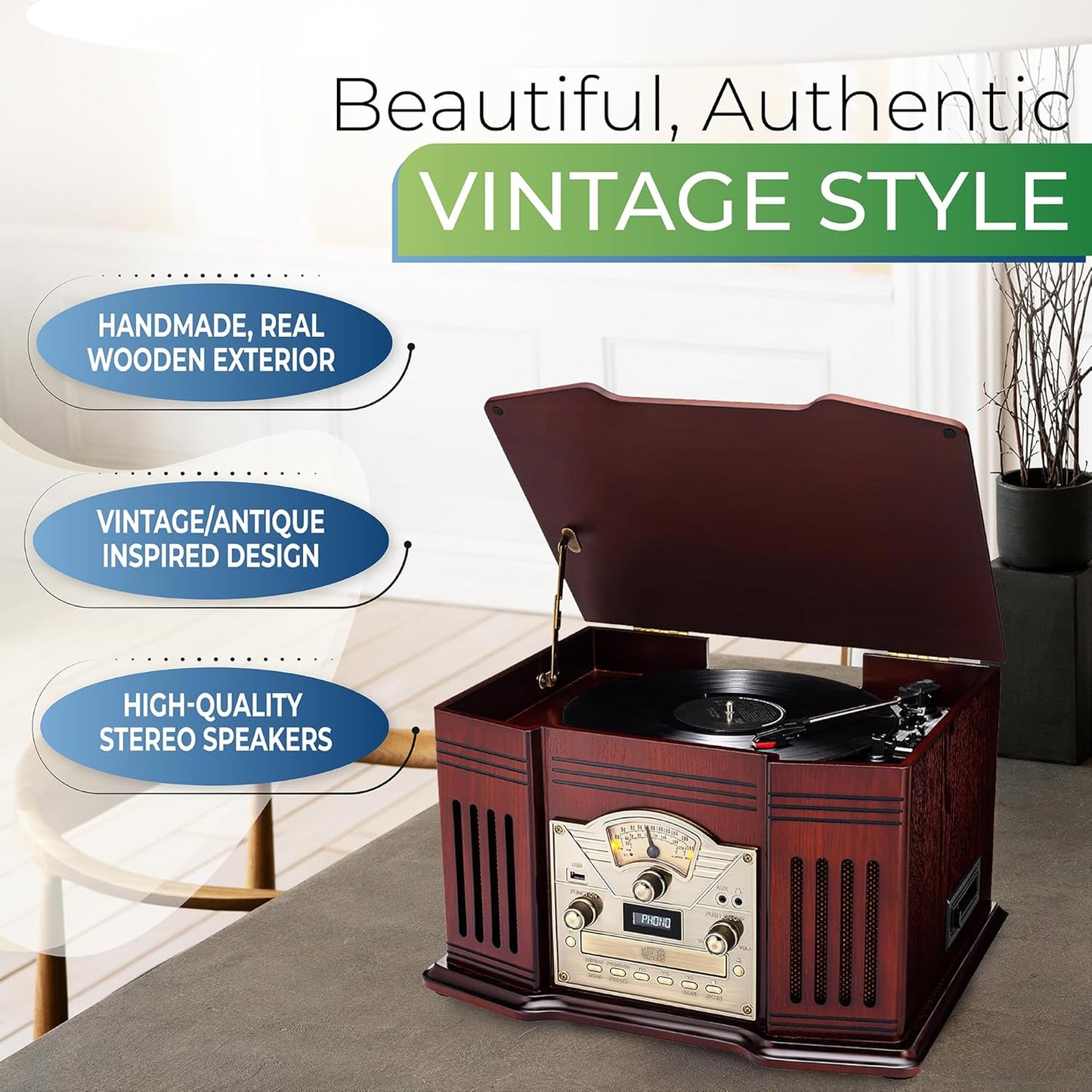 All-in-One Turntable with 3-Speed Record Player, Bluetooth, CD, Cassette, AM/FM Radio, USB V697