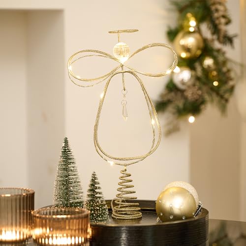 Lighted Christmas Tree Topper Angel with Timer, 10 Inch Pre-Lit Gold Metal I955
