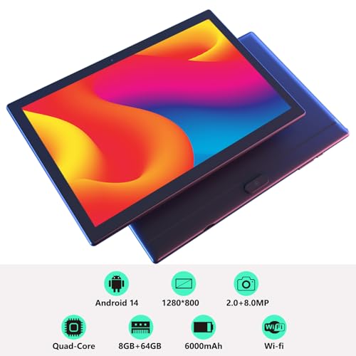 Tablet 10.1 inch Android 14 with Keyboard Case, Mouse, Stylus, 8GB+64GB, HD Touch Screen, Dual Camera, Wi-Fi, Blue W566112
