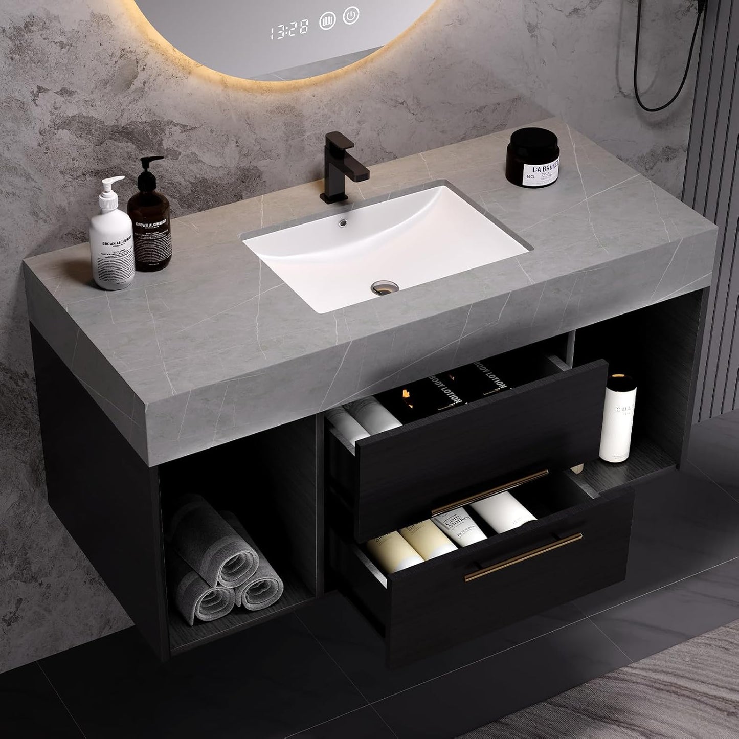 ZaHi Bathroom Vanity with Sink, 39.4'' Inches, Modern Vanity Floating Design Bathroom Vanity with Top(Black-Grey Marble Panel, Ceramic Sink,2 Cabinets, 2 Drawers)