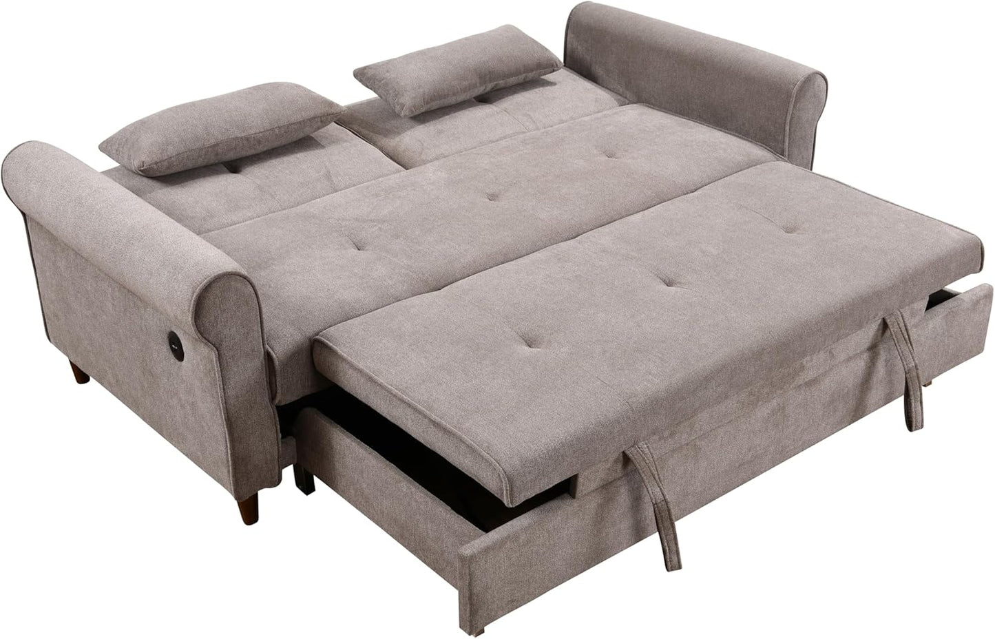 3 in 1 Convertible Sleeper Sofa Bed with Pullout Bed, 2 Pillows, USB Port, Brown J8526