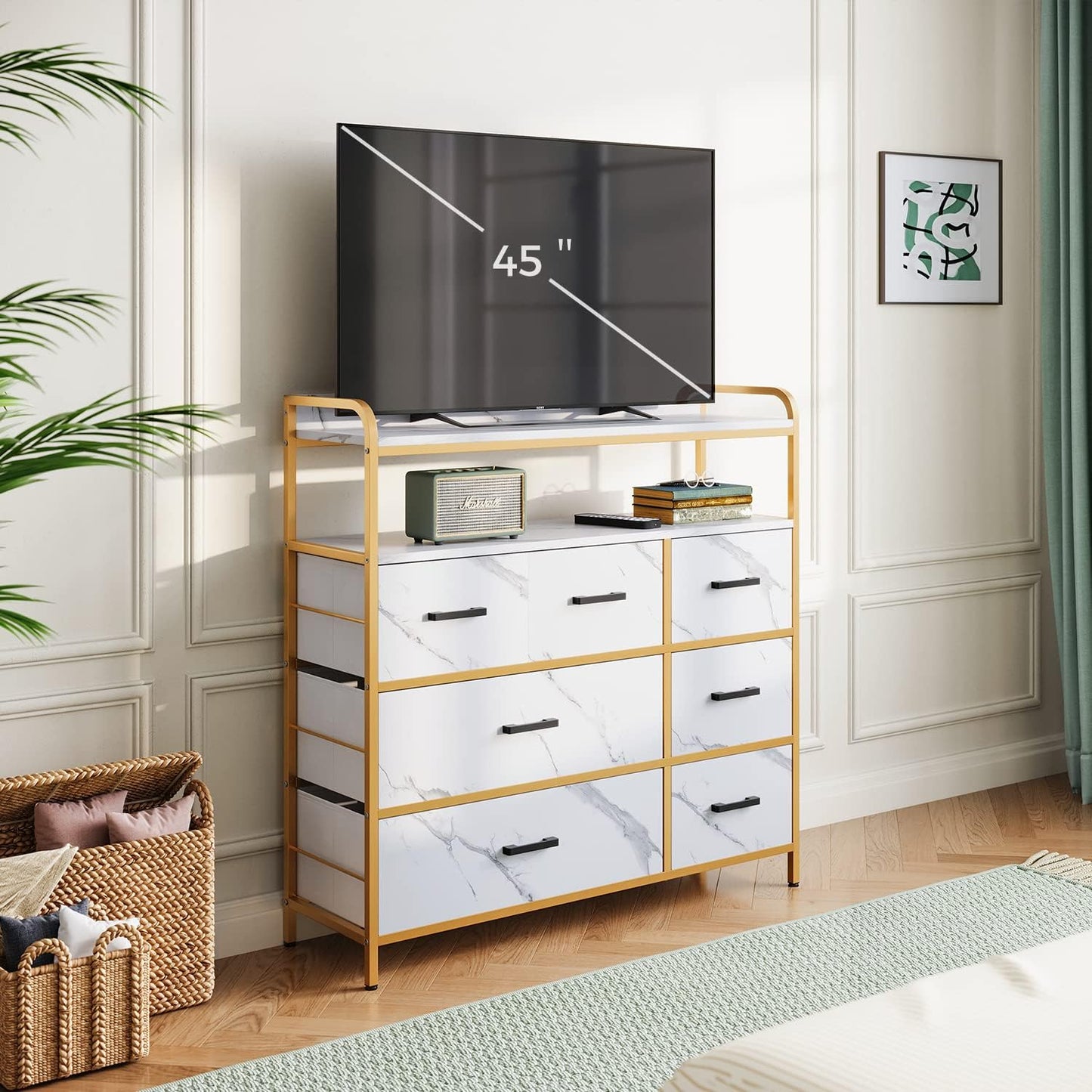 White Dresser with 7 Drawers and Double Shelf for Bedroom U12723