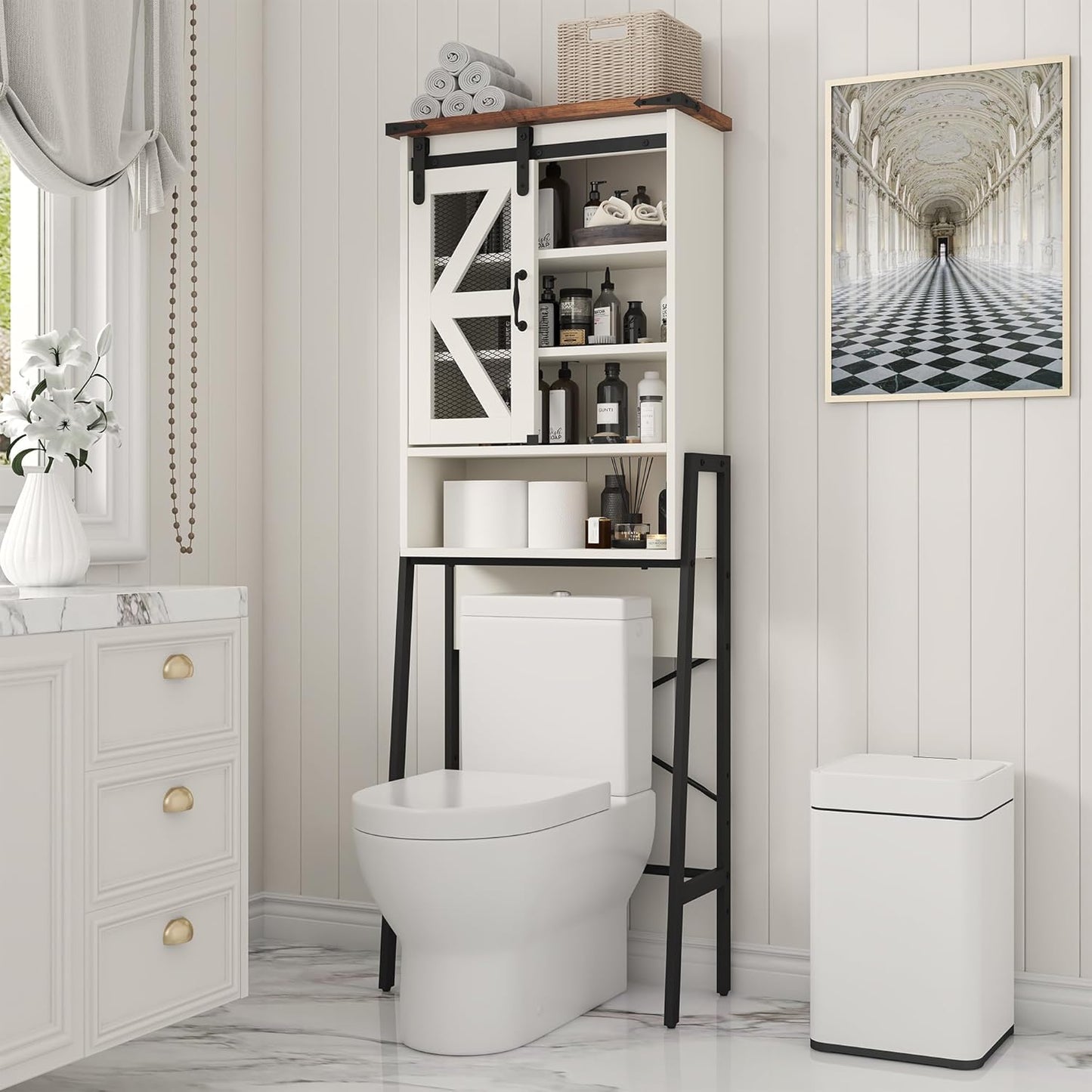 Over The Toilet Storage Cabinet, Above Toilet Storage Cabinet with Adjustable Shelves and Barn Door, Farmhouse Behind Toilet Bathroom Organizer for Bathroom, Laundry Room, Off-White