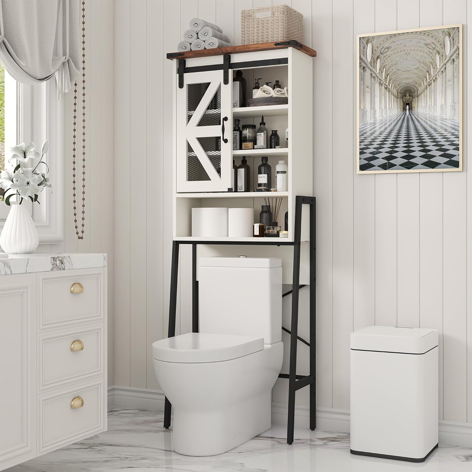 Over The Toilet Storage Cabinet, Above Toilet Storage Cabinet with Adjustable Shelves and Barn Door, Farmhouse Behind Toilet Bathroom Organizer for Bathroom, Laundry Room, Off-White
