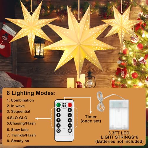 6 Pcs Christmas Paper Star Lanterns with LED Light, Hanging Ornament for Indoor Outdoor Decor E70047