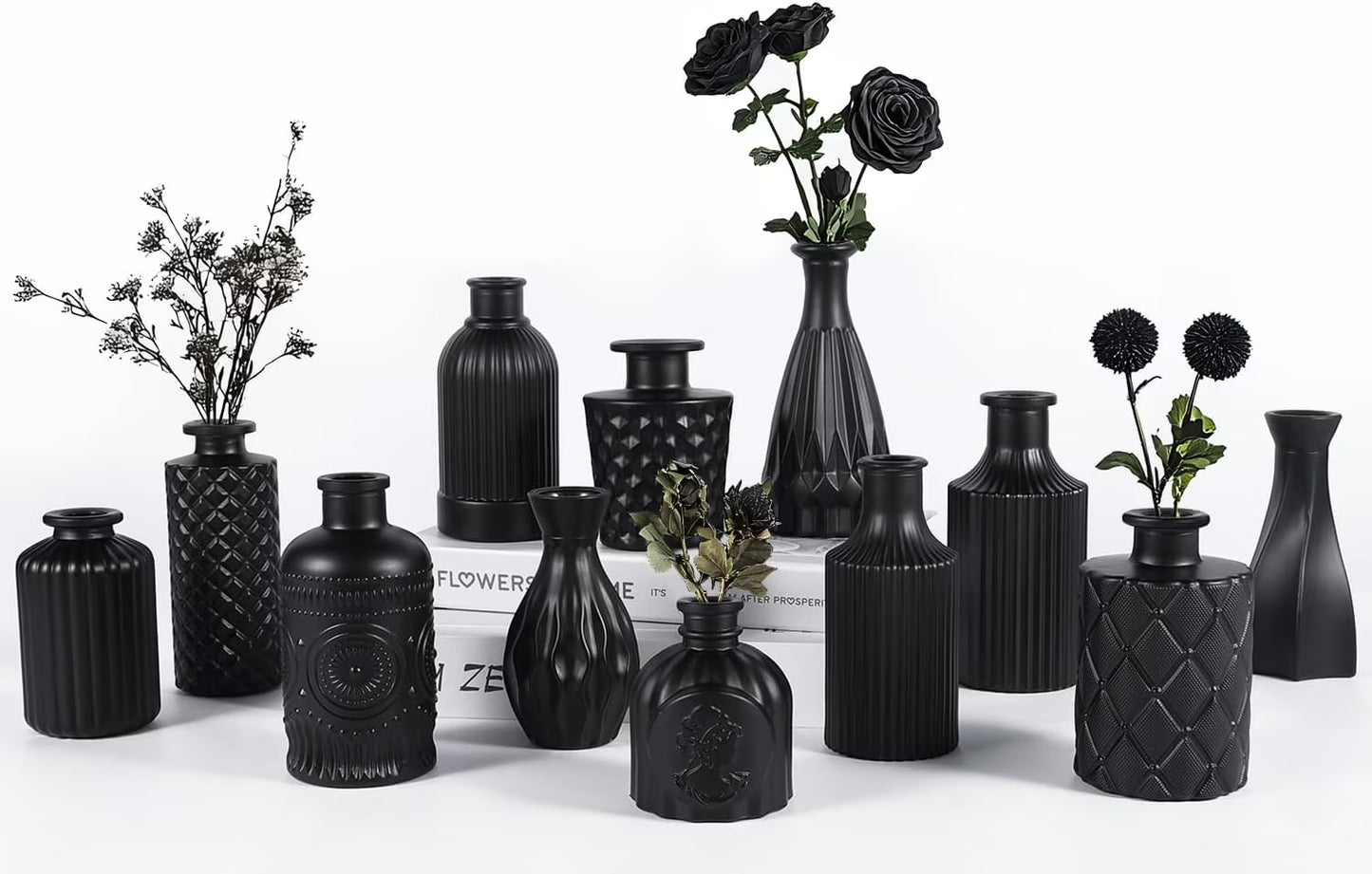 Mini Vintage Glass Bud Vases, Rustic Theme, Green &amp; Black, Set of 12