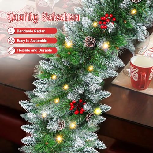 Flocked Pre-Lit Christmas Garland with 30 LED Lights, Red Berries and Pine Cones B12411