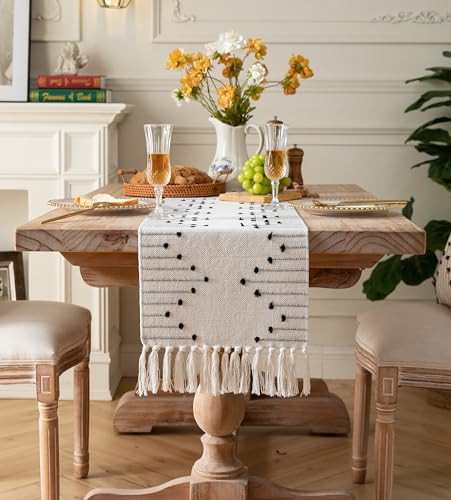 Christmas Table Runner 13 x 90 Inch Natural Cotton Woven with Tassels, Red and Beige U800