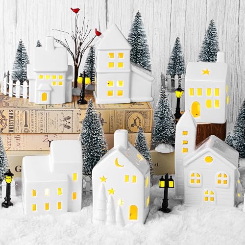 Fovths 37 Pieces Porcelain Christmas Village Sets 6 Lighted Ceramic Houses with Remote Control LED Tealights, 14 Trees, Fences, Street Lamps Winter Village Accessories for Xmas Tabletop Decor