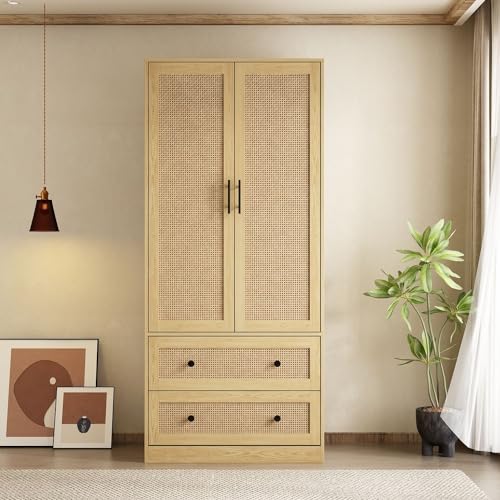 Rattan Door Wardrobe Closet with 2 Drawers and Shelves, Hanging Rod H5995