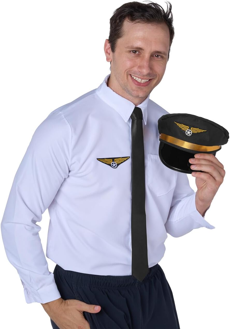 Airline Pilot Captain Costume Kit, 5 PCS Dress Up Accessory Set with Sunglasses, Tie, Hat, Wings Patch and Necklace J7882