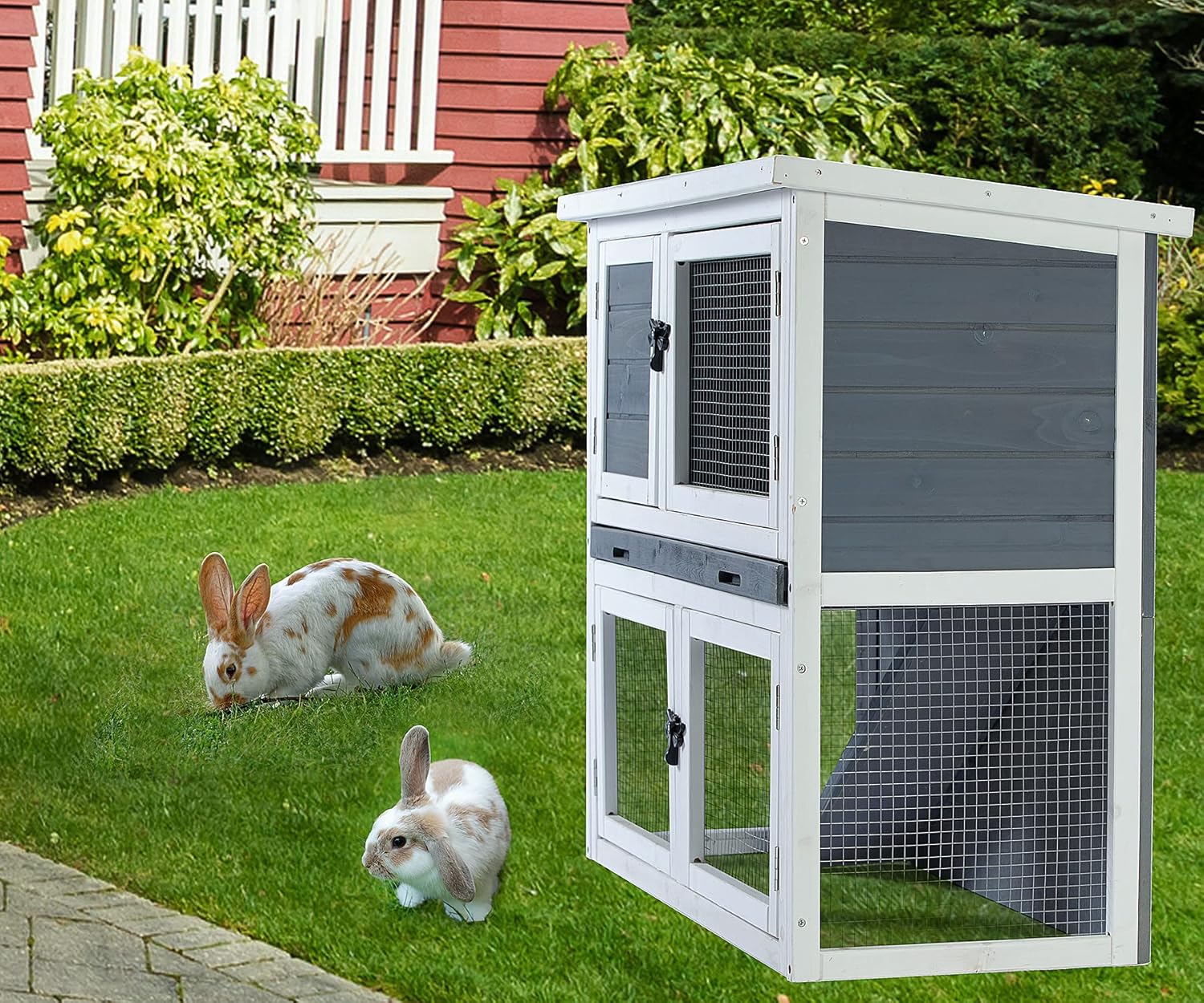 Goohome Two Floors Wooden Rabbit Hutch Outdoor, Guinea Pig Hutch, Bunny Cages for Rabbits Outdoor with Ramp Removable Tray and Weatherproof Roof, Ventilation Door, for Small to Medium Animals Habitat