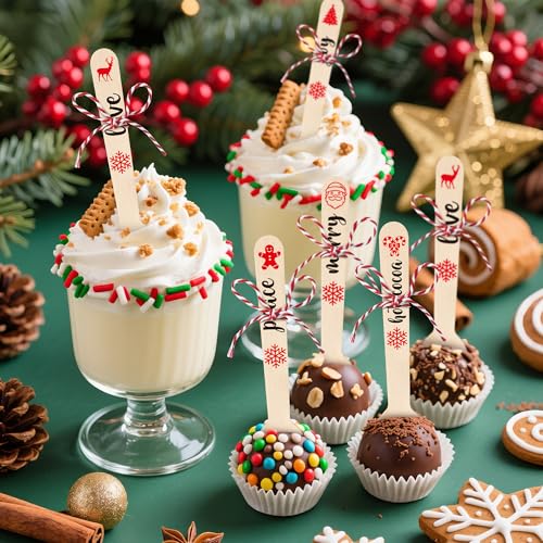 Disposable Christmas Wooden Spoons for Hot Cocoa and Stirring, 100 Set V7576