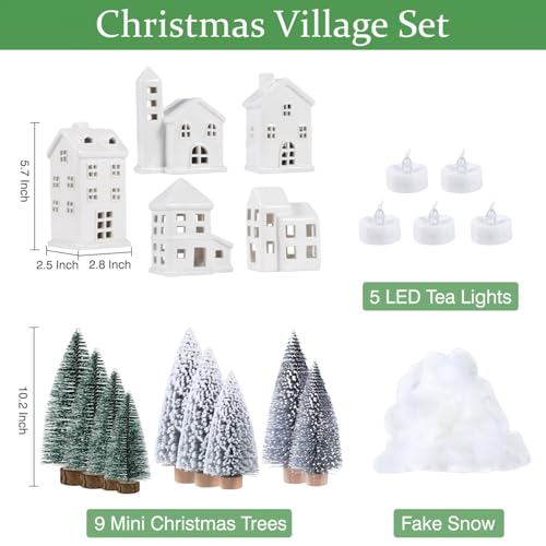Ceramic Christmas Village Houses with Trees and Fake Snow E85270