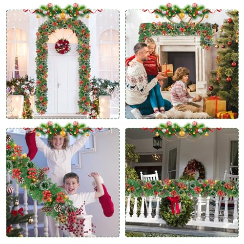 Pre-lit Christmas Garland with LED Lights, Red Flowers and Berries C561701