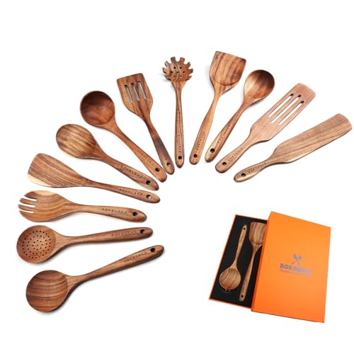 Christmas Wooden Spoons for Cooking, 10 Pcs Natural Teak Kitchen Utensils Set S557967
