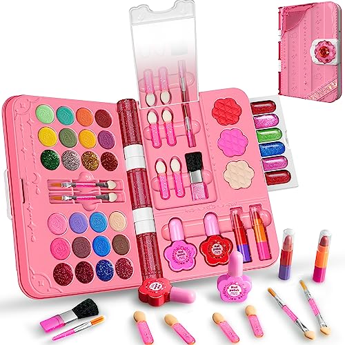 Hollyhi 48Pcs Kids Makeup Kit for Girl, Washable Play Make Up Toys Set with Mirror, Beauty Dress Up Set Toys for Age 3 4 5 6 7 8 9 10 11 12 Year Old Kids Toddlers Girls, Birthday Girl Gifts (Blue)