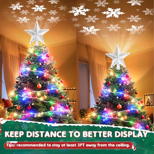 Christmas Tree Topper Lighted with 6 Projection Slides, Snowflake LED Rotating 3D Glitter Tree Topper O28849