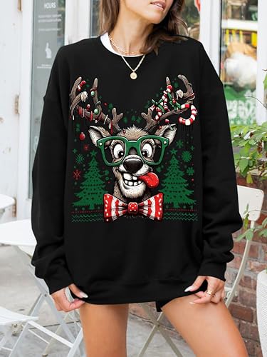 Funny Reindeer Graphic Sweatshirt Oversized Christmas Pullover J1348