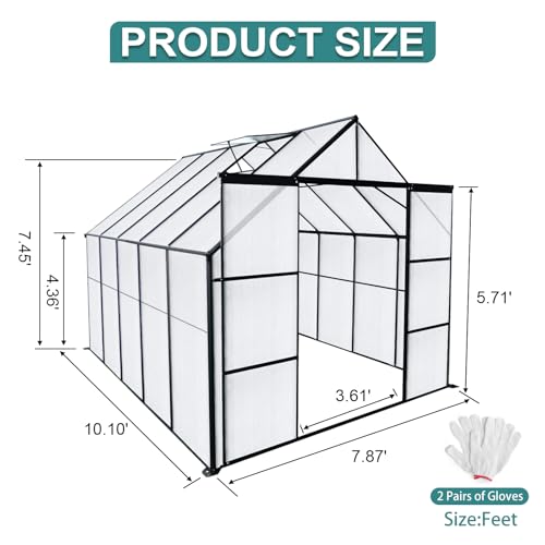 8x10FT Walk-in Greenhouse with Double Sliding Doors, Polycarbonate Panels, Aluminum Frame T7688