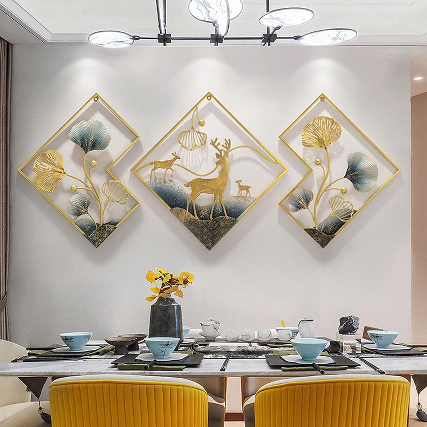 tarkay Metal Wall Art Gold Deer Metal Wall Decor 3 Piece Large Metal Art Wall Decor 3D Ginkgo Leaf 78x27in Aesthetic Wall Art for bedroom Office Dining Room Living Room