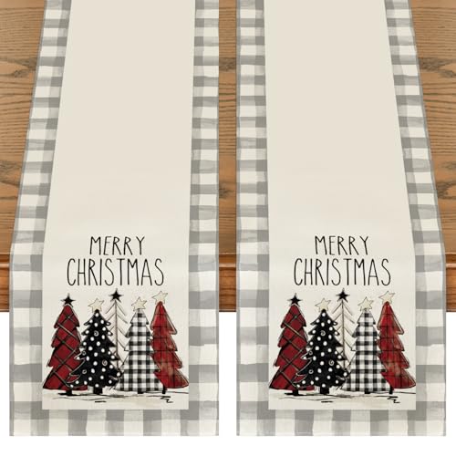 Buffalo Plaid Christmas Trees Table Runner, Winter Holiday Kitchen Dining Decor, 13 x 108 Inch A940