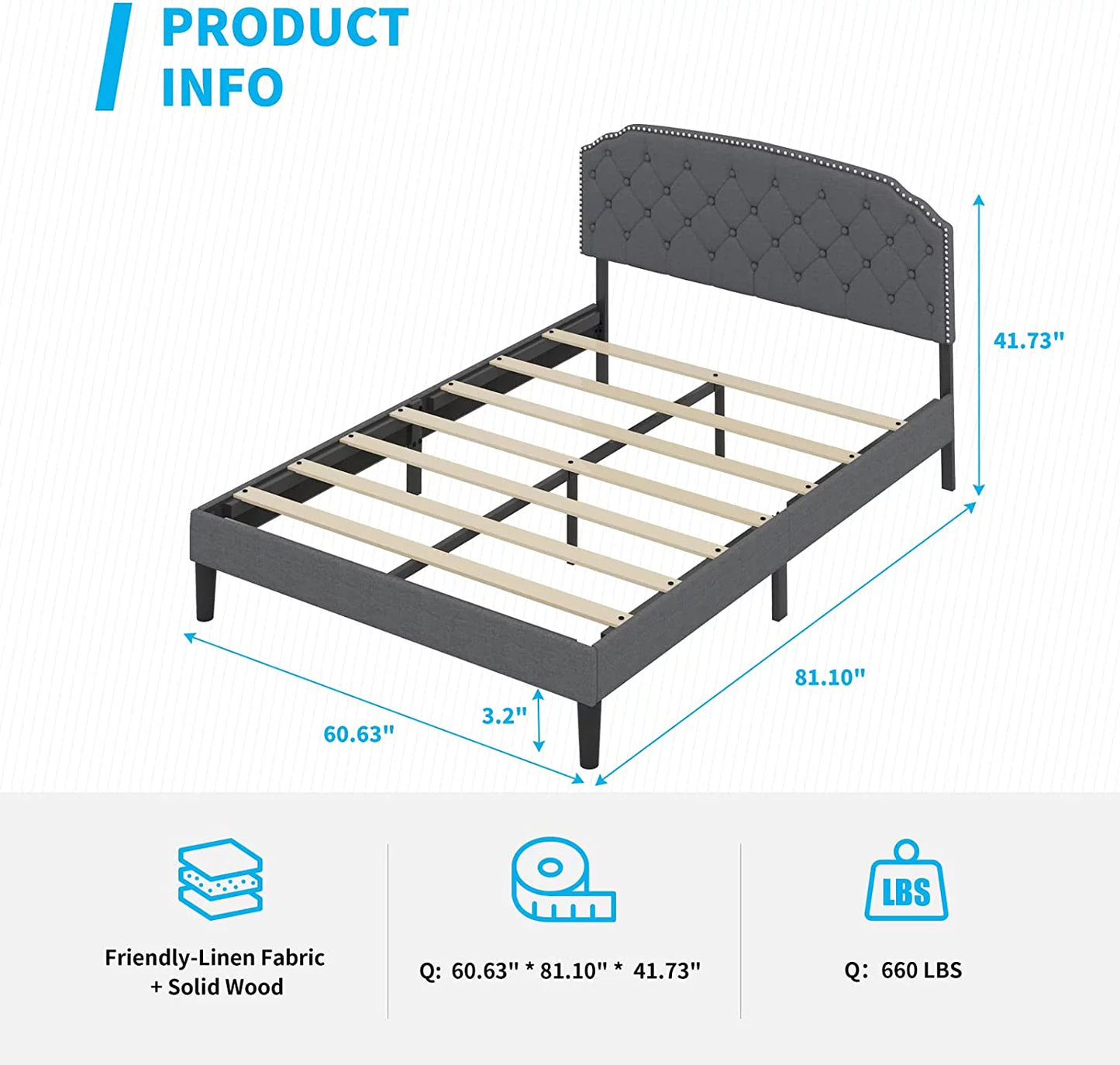 Queen Size Platform Bed Frame with Tufted Upholstered Headboard F240