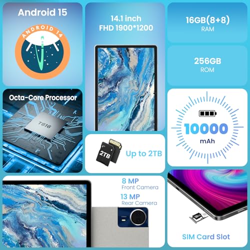14 inch Android Tablet, 16GB RAM 256GB ROM, FHD IPS Display, 10000mAh Battery S268