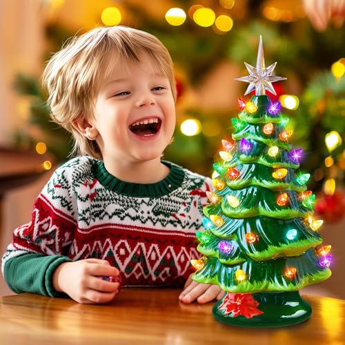 Ceramic Christmas Tree, Pre-lit Tabletop with Multicolored LED Lights, Battery Operated G1053