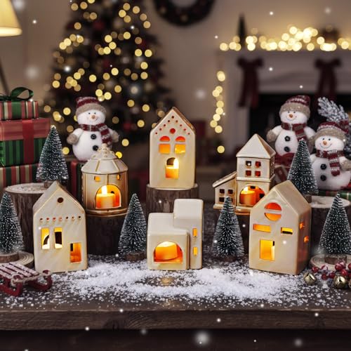 Ceramic Christmas Village Houses with LED Lights for Tabletop Mantle Decor A8359