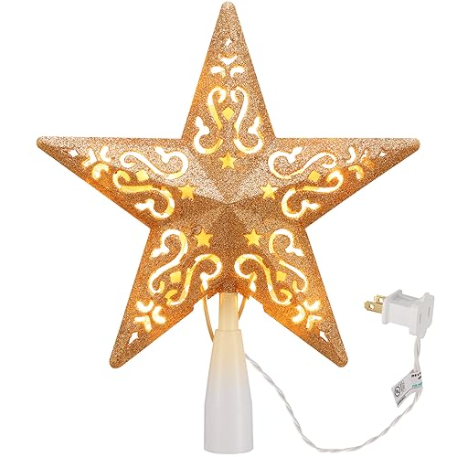 Christmas Star Tree Topper Lighted 3D Gold Pentagram Plug In Indoor Holiday Decor B983