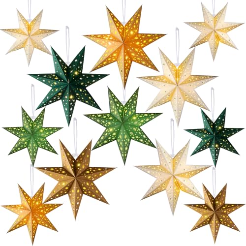 12 Pcs Christmas Paper Star Lantern 9 Point Hanging Ornament with String Light H44991