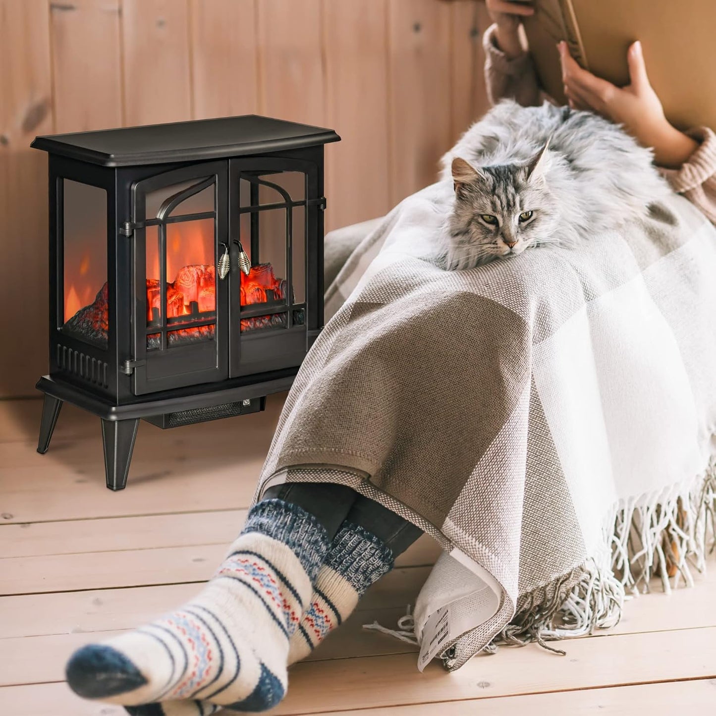 Electric Fireplace Heater, Freestanding Stove with LED Flames, 1400W, Black U41147