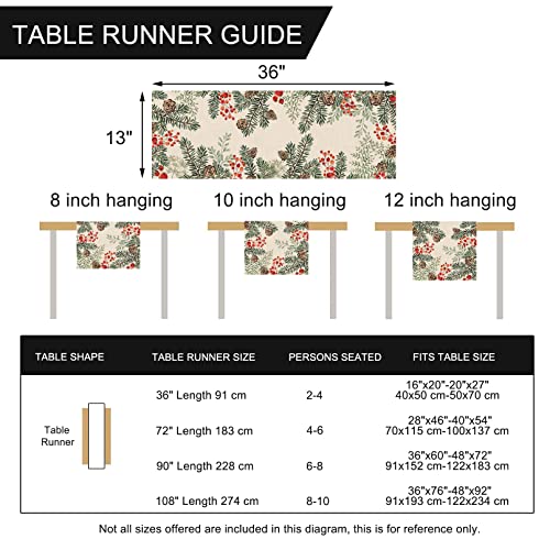 Winter Pine Cone Berry Table Runner, Watercolor Botanical Kitchen Decor, Christmas Farmhouse Dining Decoration 13 X 72 S13131