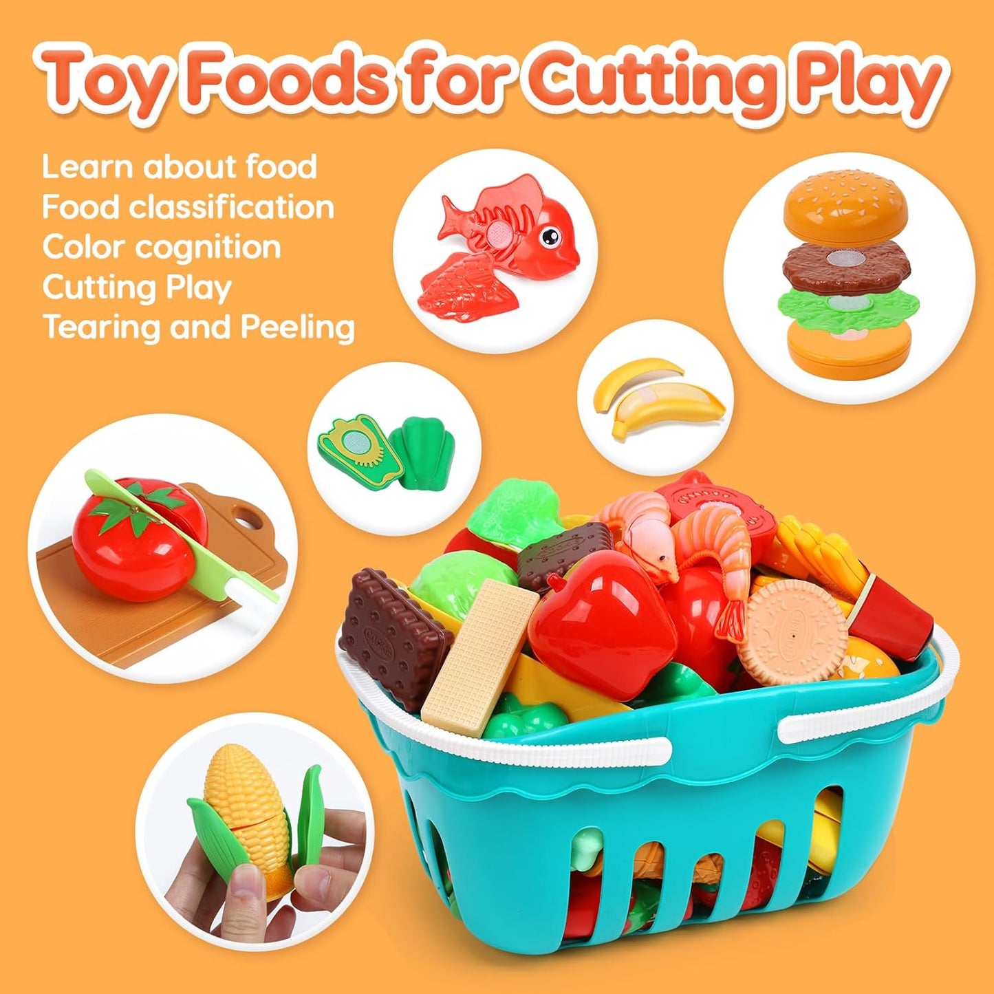 Play Sink with Running Water, Kitchen Sink Toys with Electric Faucet, Kids Pots and Pans Set with Play Food and Storage Basket P99035