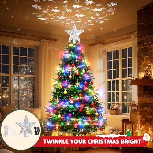Christmas Tree Topper Lighted with 6 Projection Slides, Snowflake LED Rotating 3D Glitter Tree Topper O28849