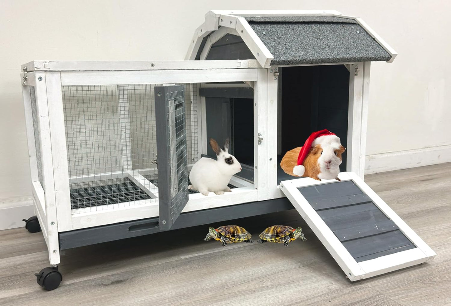 Classic Wooden Indoor & Outdoor Rabbit Hutch Guinea Pig House On Wheels Small Animals Cat Home for Bunny Cage with Hide Room Washable Tray (Gray/White, 37L x 21W x 25H Inches, 1)