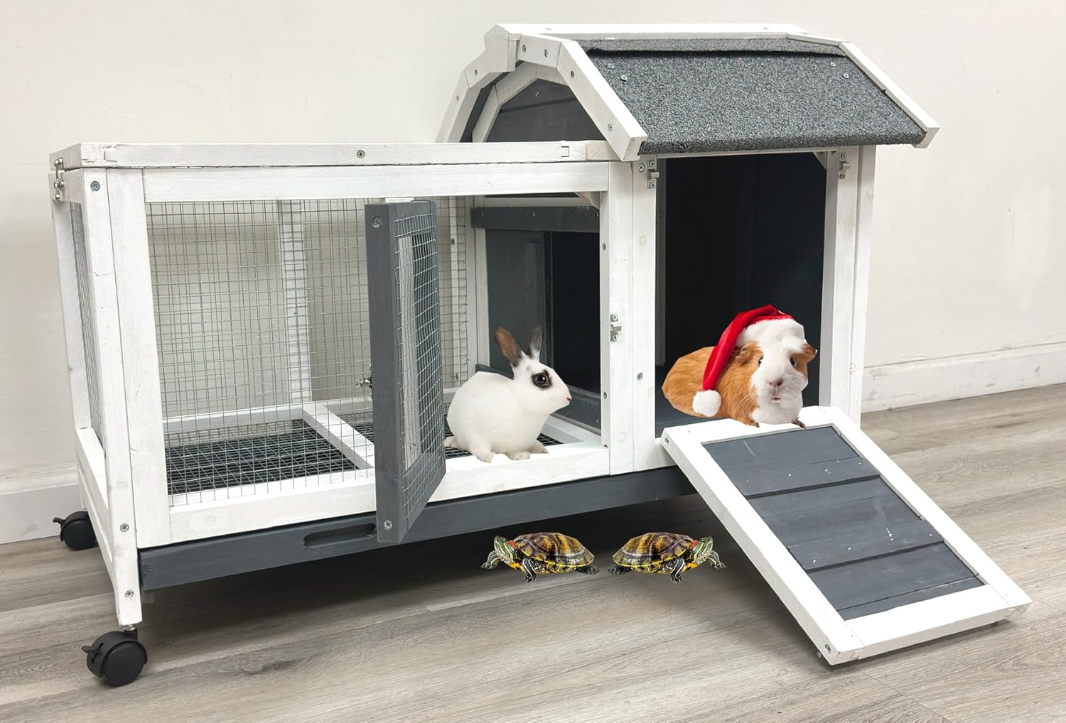 Classic Wooden Indoor & Outdoor Rabbit Hutch Guinea Pig House On Wheels Small Animals Cat Home for Bunny Cage with Hide Room Washable Tray (Gray/White, 37L x 21W x 25H Inches, 1)