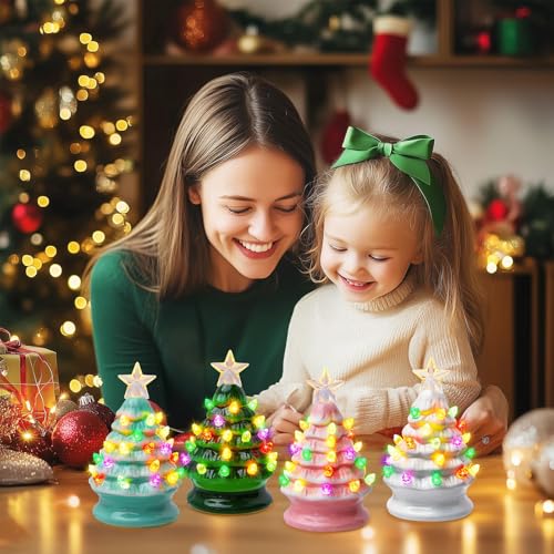 5 Inch Mini Ceramic Christmas Tree Set - 4 Pack Pre-lit Tabletop with Multicolored LED Lights H9498